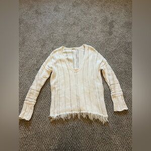 Free People Cream Knit Sweater with Fringe Hem